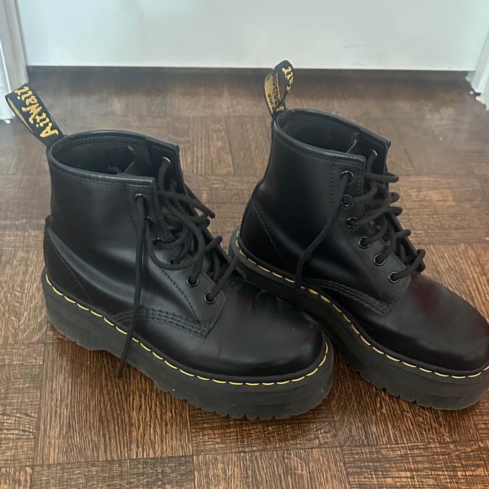 Black Platform Lace-Up Ankle Boots with Yellow Stitching